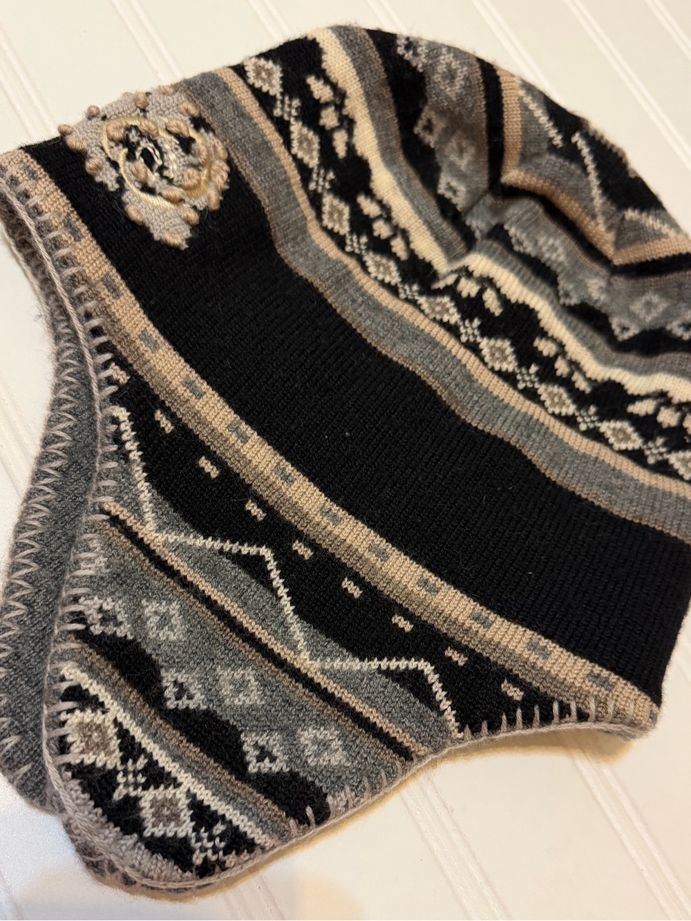 Black Gray knit winter hat merino wool fair isle Nordic geometric ear flap